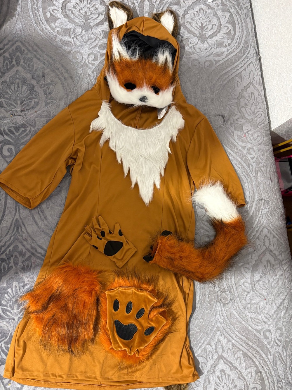 Kids Fox Costume Hoodie Dress with Tail and Paw Gloves - Size Large